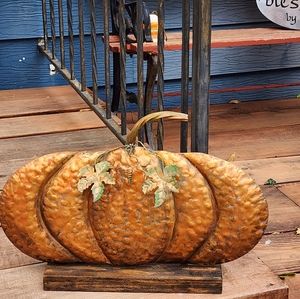 Metal handpainted Pumpkin  in copper pumpkin and green vines and leaves